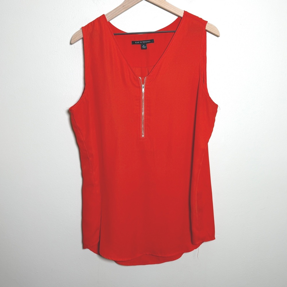 Zac & Rachel Womens Tank Top XL Red Sleeveless V-Neck Zip Front Solid Office